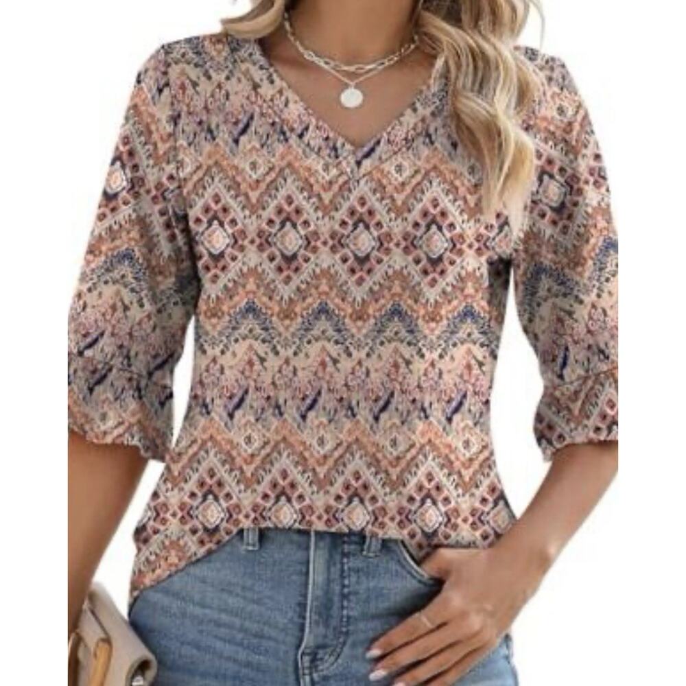 Loman Boho Pattern Shirt XL Poly Spandex Ruffle 3/4 Sleeve Blue Salmon White NWT